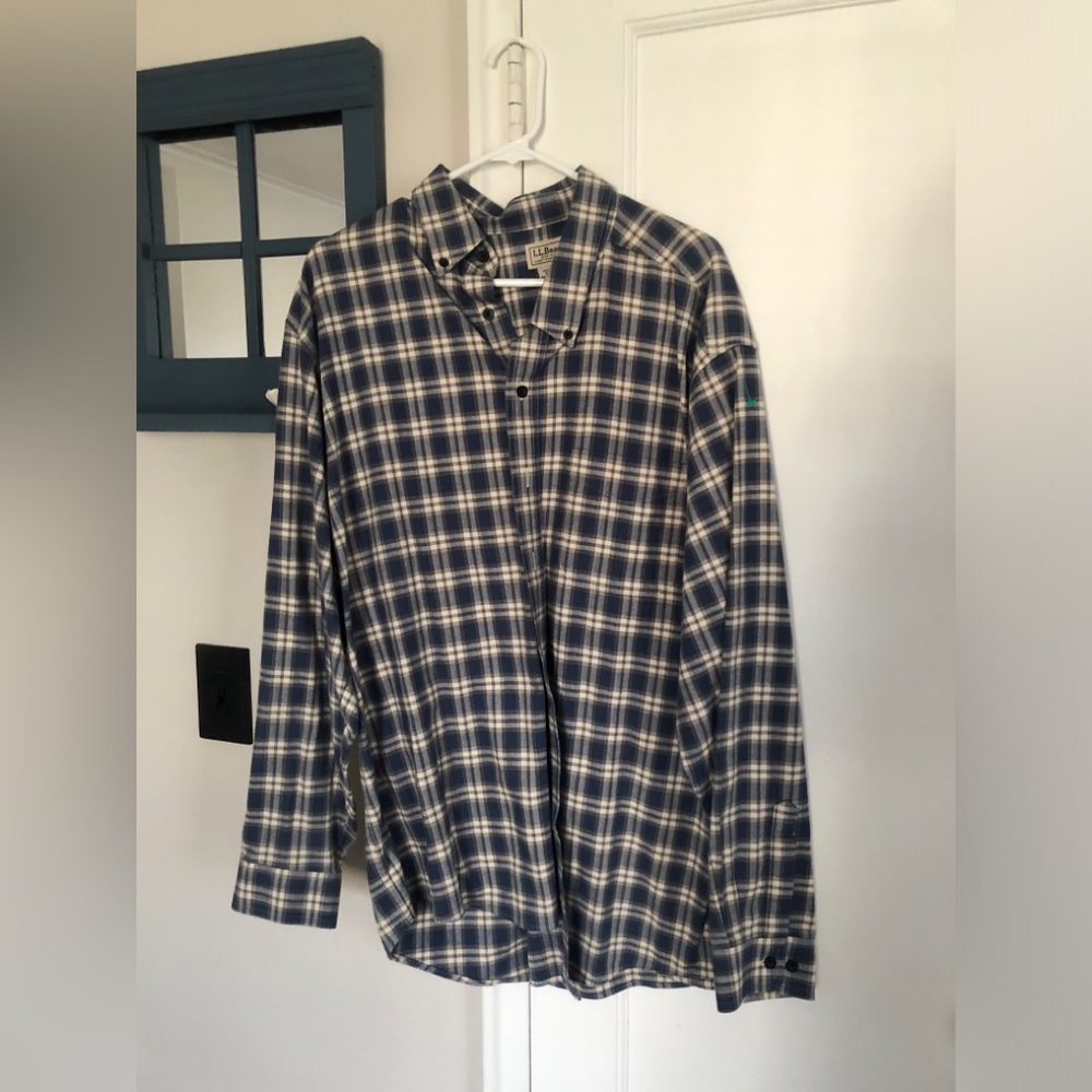 L.L. Bean Blue and White Plaid Cotton Button-Down Shirt